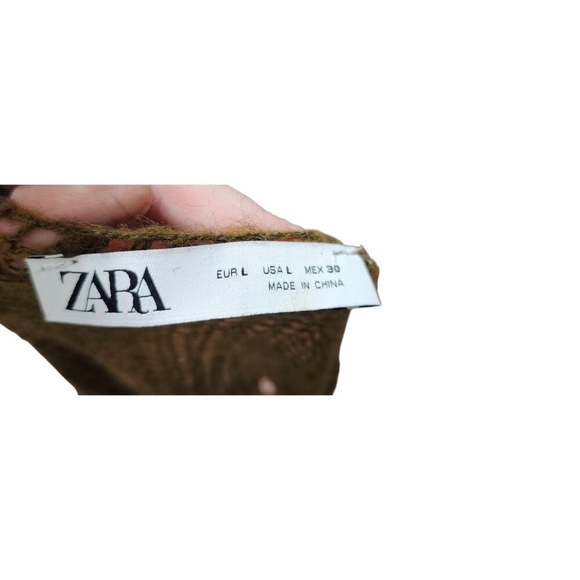 ZARA Distressed Knit Sweater Women’s Sze L Olive GreenLoose Open Weave Wool Boho - Picture 14 of 15